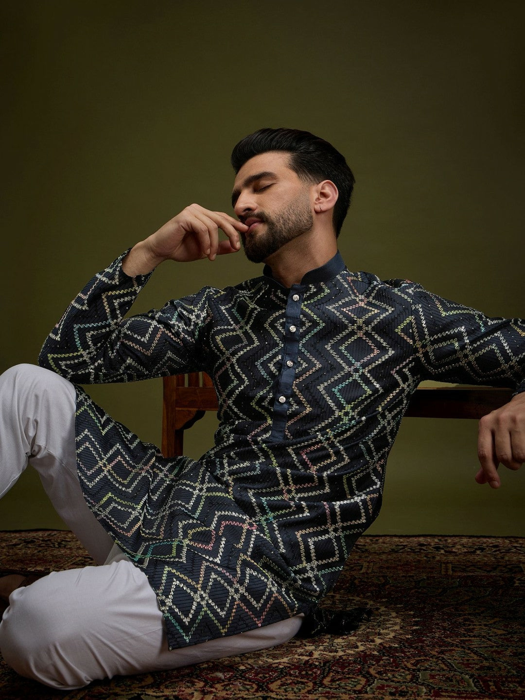 Men’s Navy Blue Chevron Embroidered Cotton Kurta with Gotta Patti