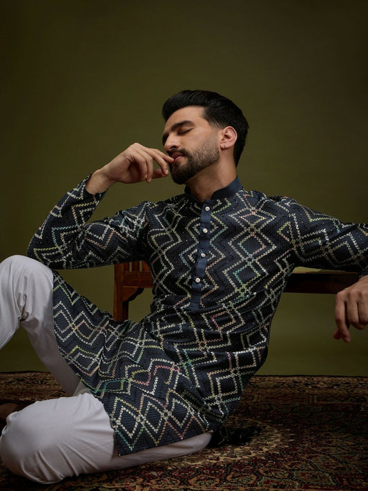 Men’s Navy Blue Chevron Embroidered Cotton Kurta with Gotta Patti