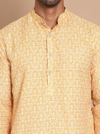 Yellow Floral Printed Kurta with Sequin Detailing