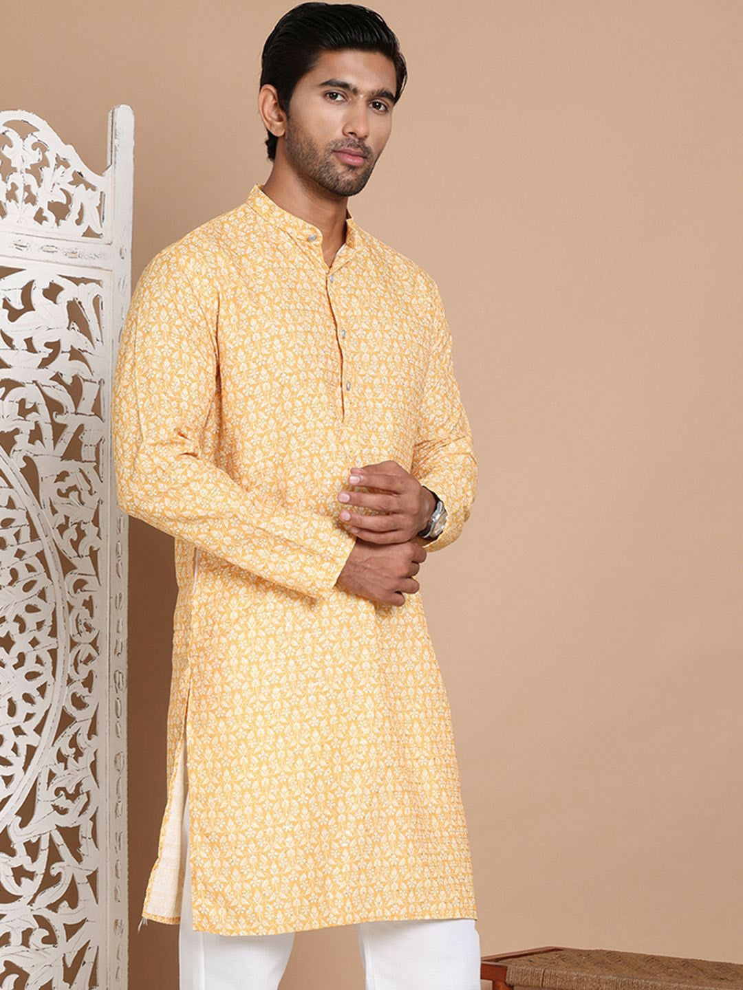 Yellow Floral Printed Kurta with Sequin Detailing