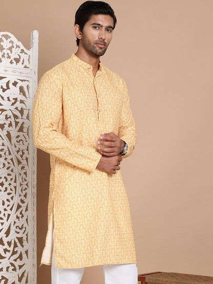Yellow Floral Printed Kurta with Sequin Detailing