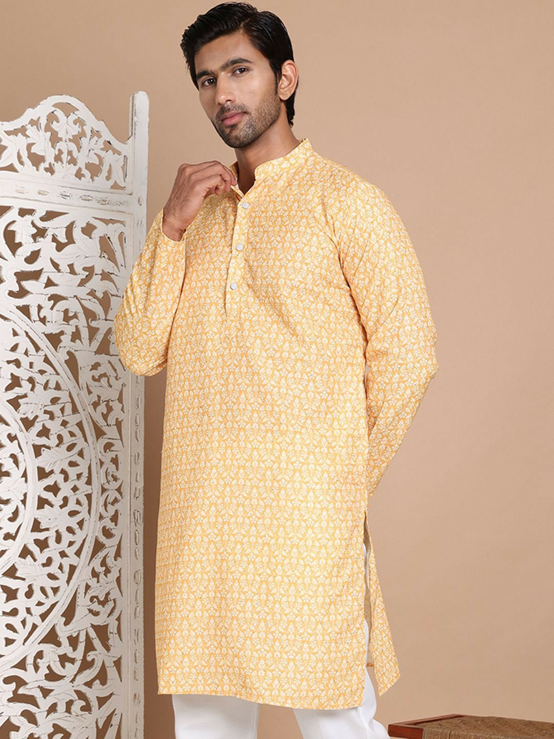 Yellow Floral Printed Kurta with Sequin Detailing