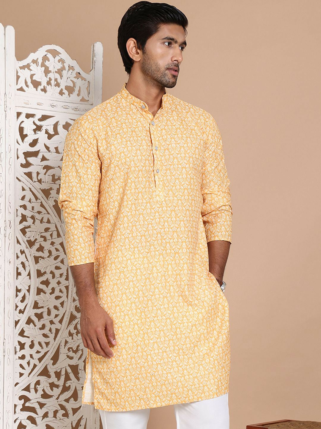 Yellow Floral Printed Kurta with Sequin Detailing
