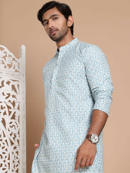 Turquoise Blue Floral Printed Kurta with Sequin Accents