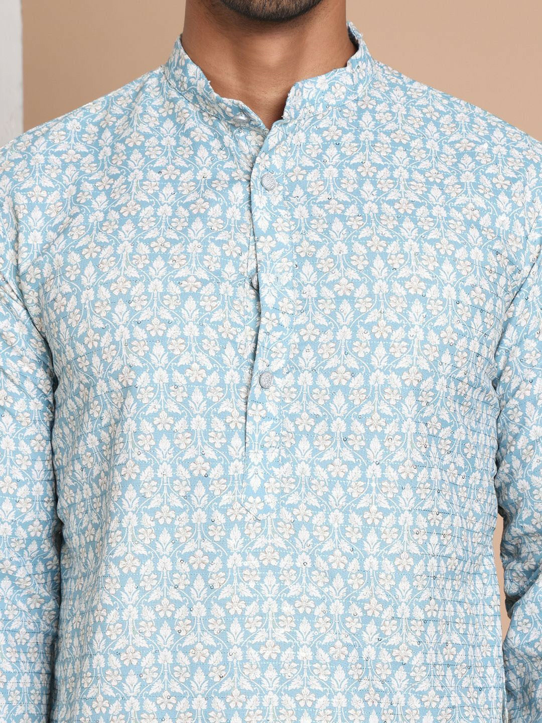 Turquoise Blue Floral Printed Kurta with Sequin Accents