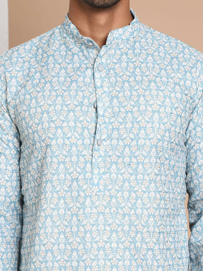 Turquoise Blue Floral Printed Kurta with Sequin Accents