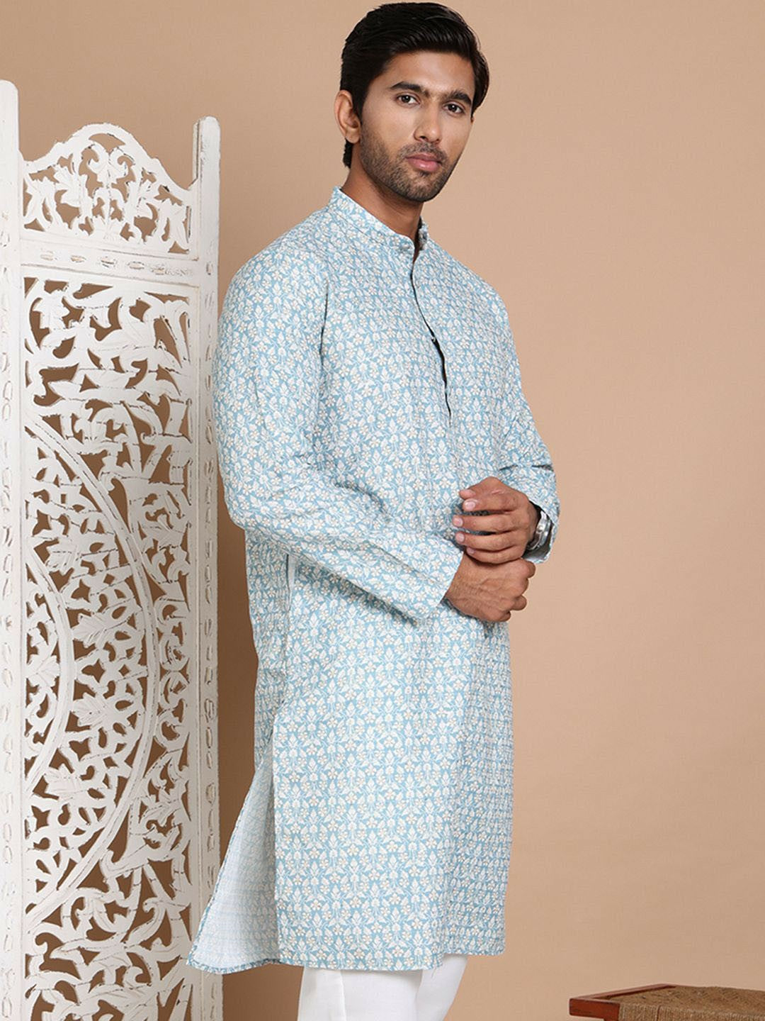 Turquoise Blue Floral Printed Kurta with Sequin Accents