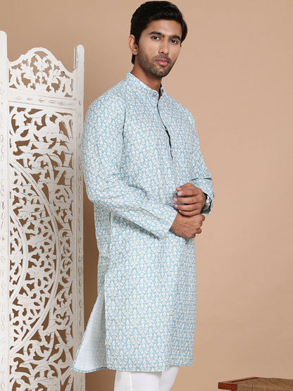 Turquoise Blue Floral Printed Kurta with Sequin Accents