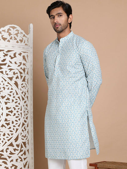Turquoise Blue Floral Printed Kurta with Sequin Accents