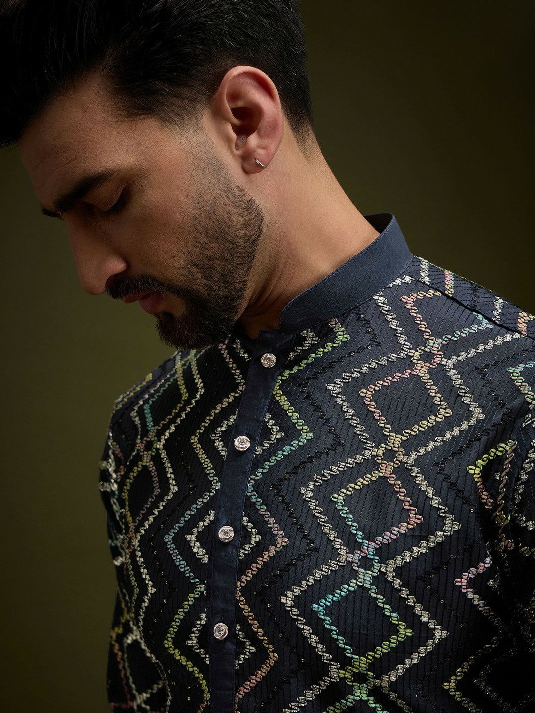 Men’s Navy Blue Chevron Embroidered Cotton Kurta with Gotta Patti