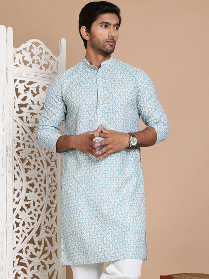 Turquoise Blue Floral Printed Kurta with Sequin Accents