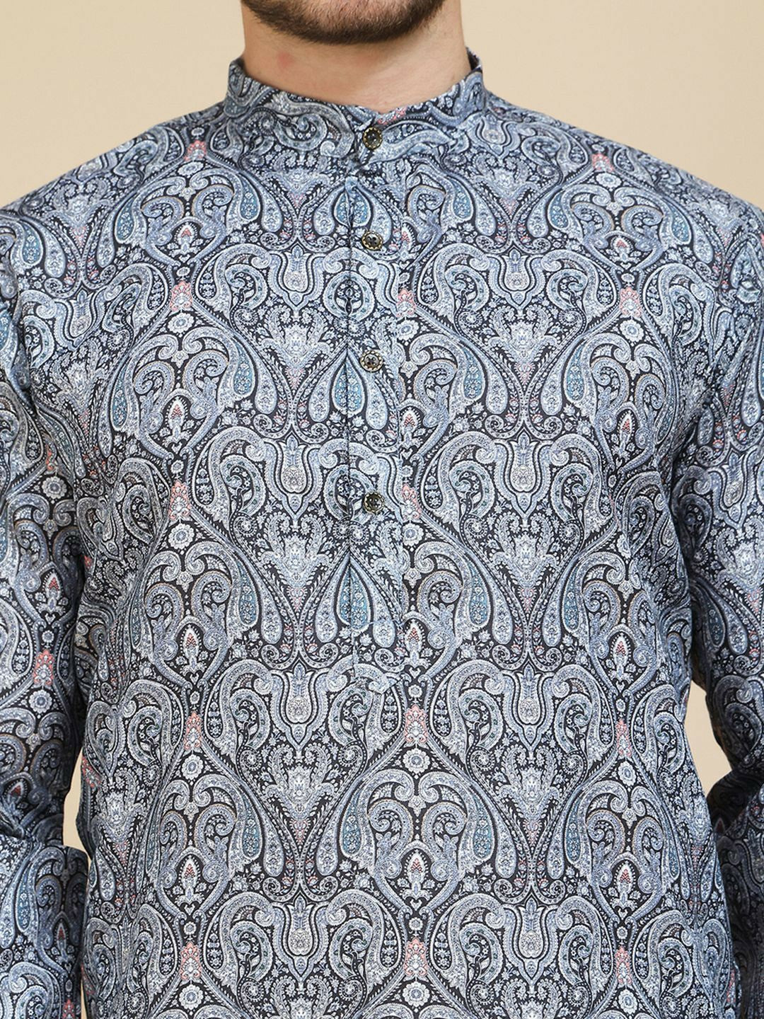 Grey and Black Paisley Printed Kurta with Mandarin Collar