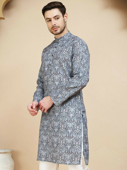 Grey and Black Paisley Printed Kurta with Mandarin Collar