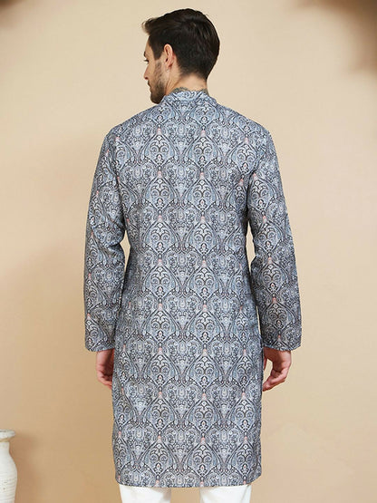 Grey and Black Paisley Printed Kurta with Mandarin Collar
