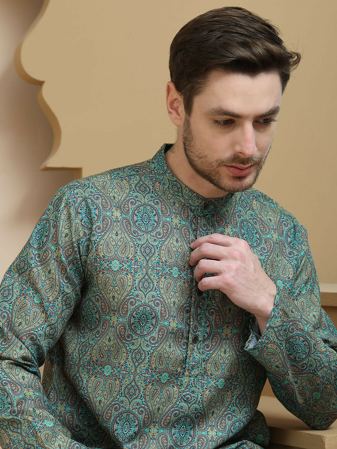 Green Beige and Blue Paisley Printed Kurta with Band Collar