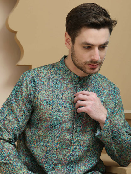 Green Beige and Blue Paisley Printed Kurta with Band Collar