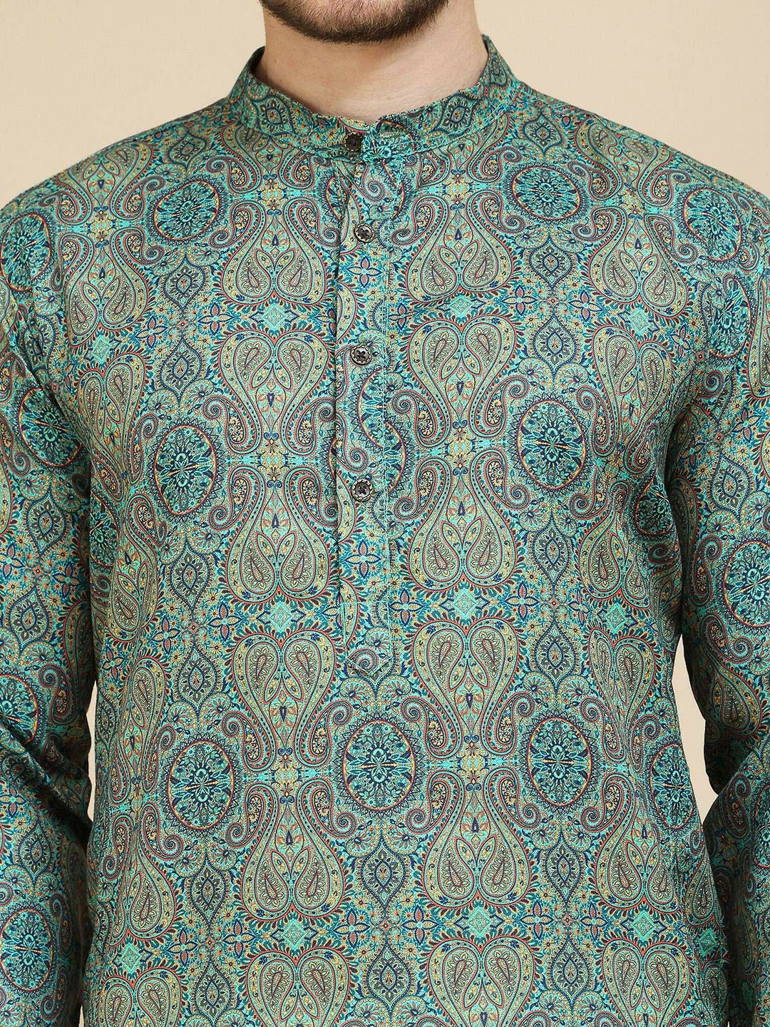 Green Beige and Blue Paisley Printed Kurta with Band Collar
