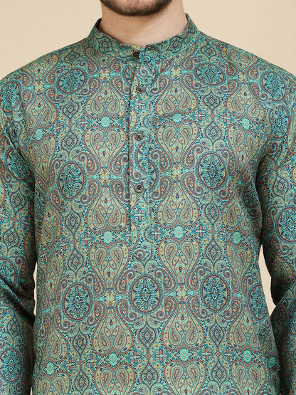 Green Beige and Blue Paisley Printed Kurta with Band Collar