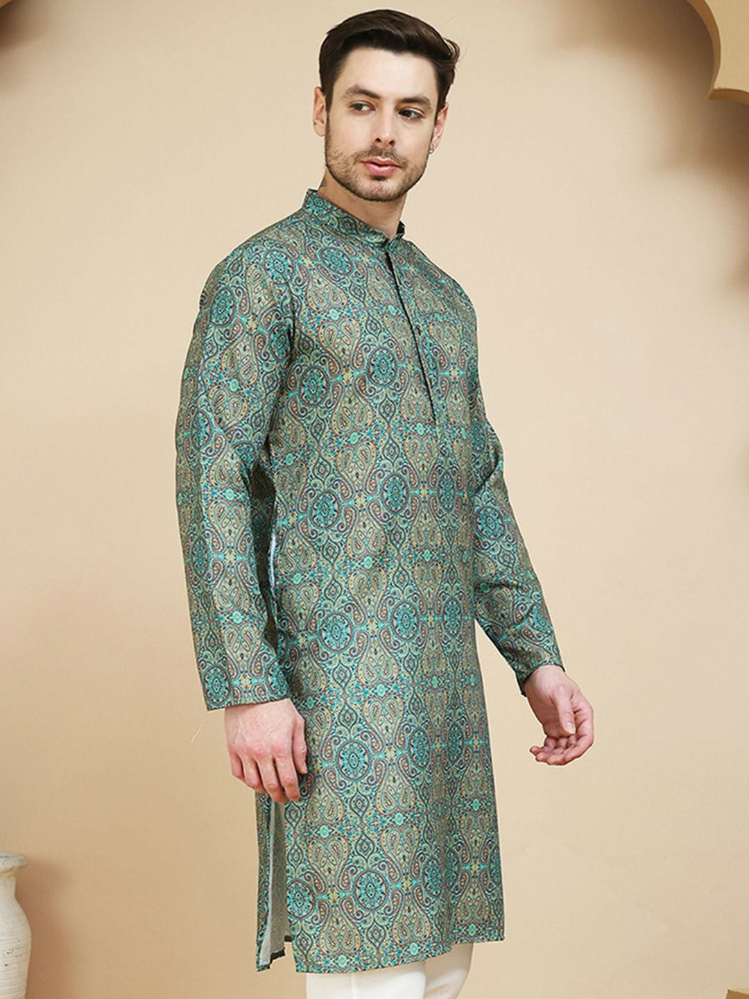 Green Beige and Blue Paisley Printed Kurta with Band Collar