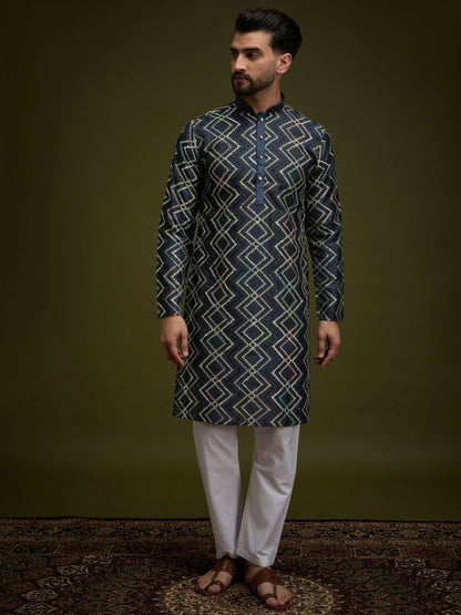 Men’s Navy Blue Chevron Embroidered Cotton Kurta with Gotta Patti