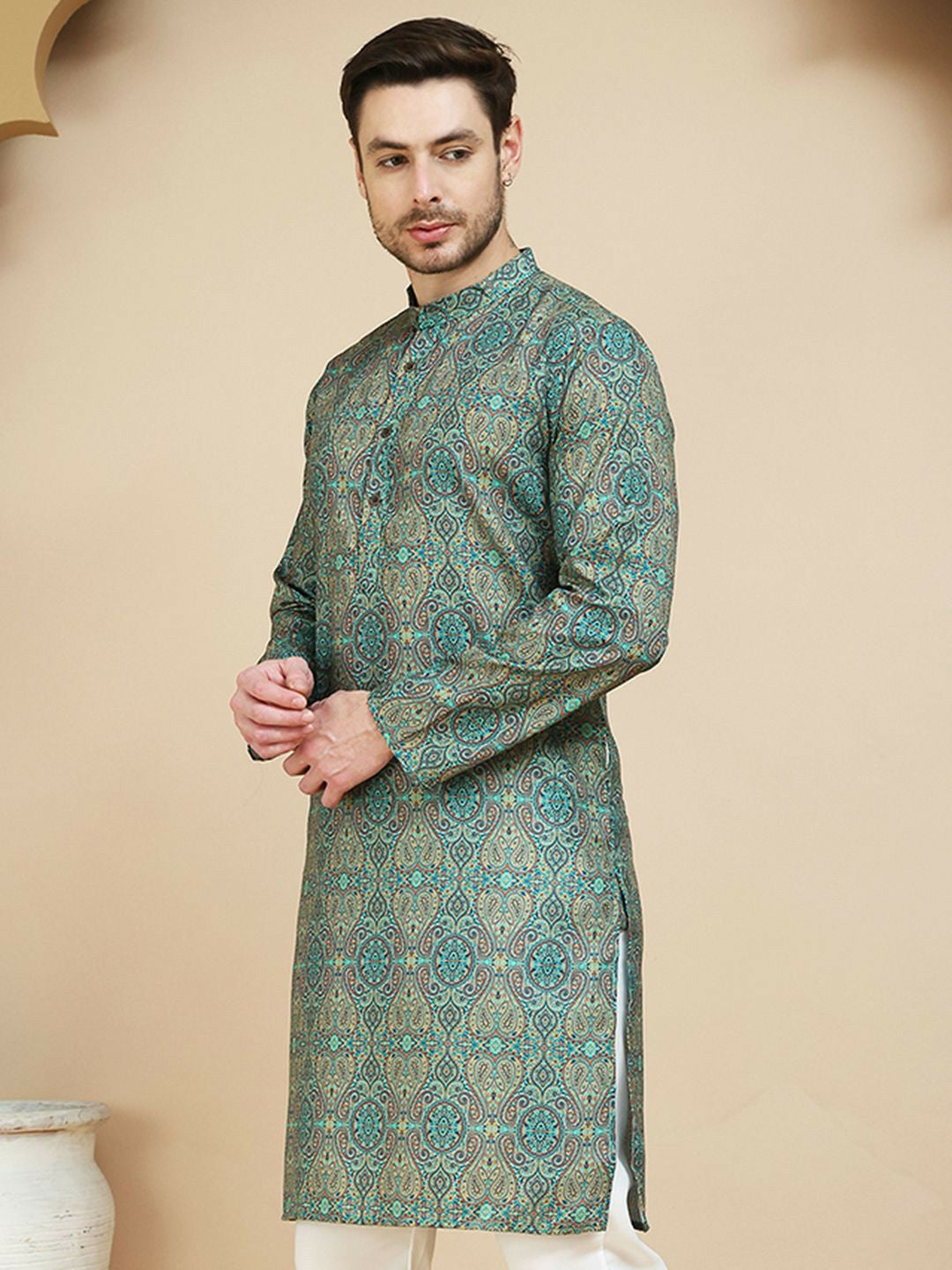 Green Beige and Blue Paisley Printed Kurta with Band Collar