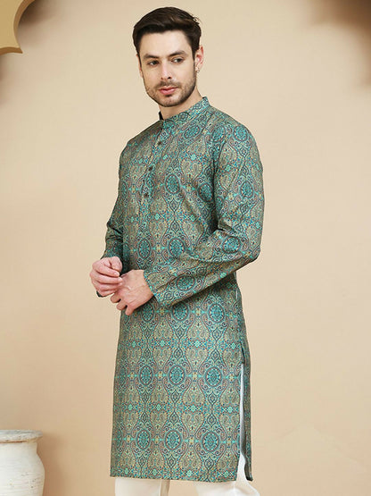 Green Beige and Blue Paisley Printed Kurta with Band Collar
