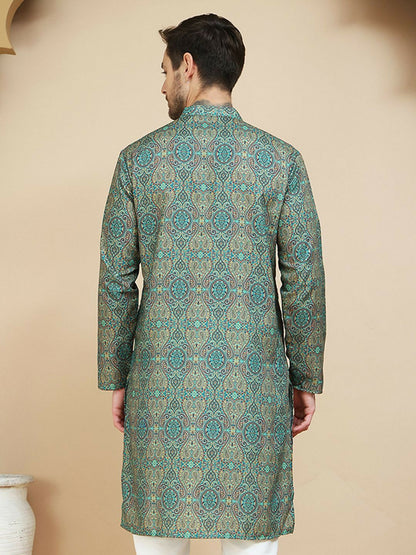 Green Beige and Blue Paisley Printed Kurta with Band Collar