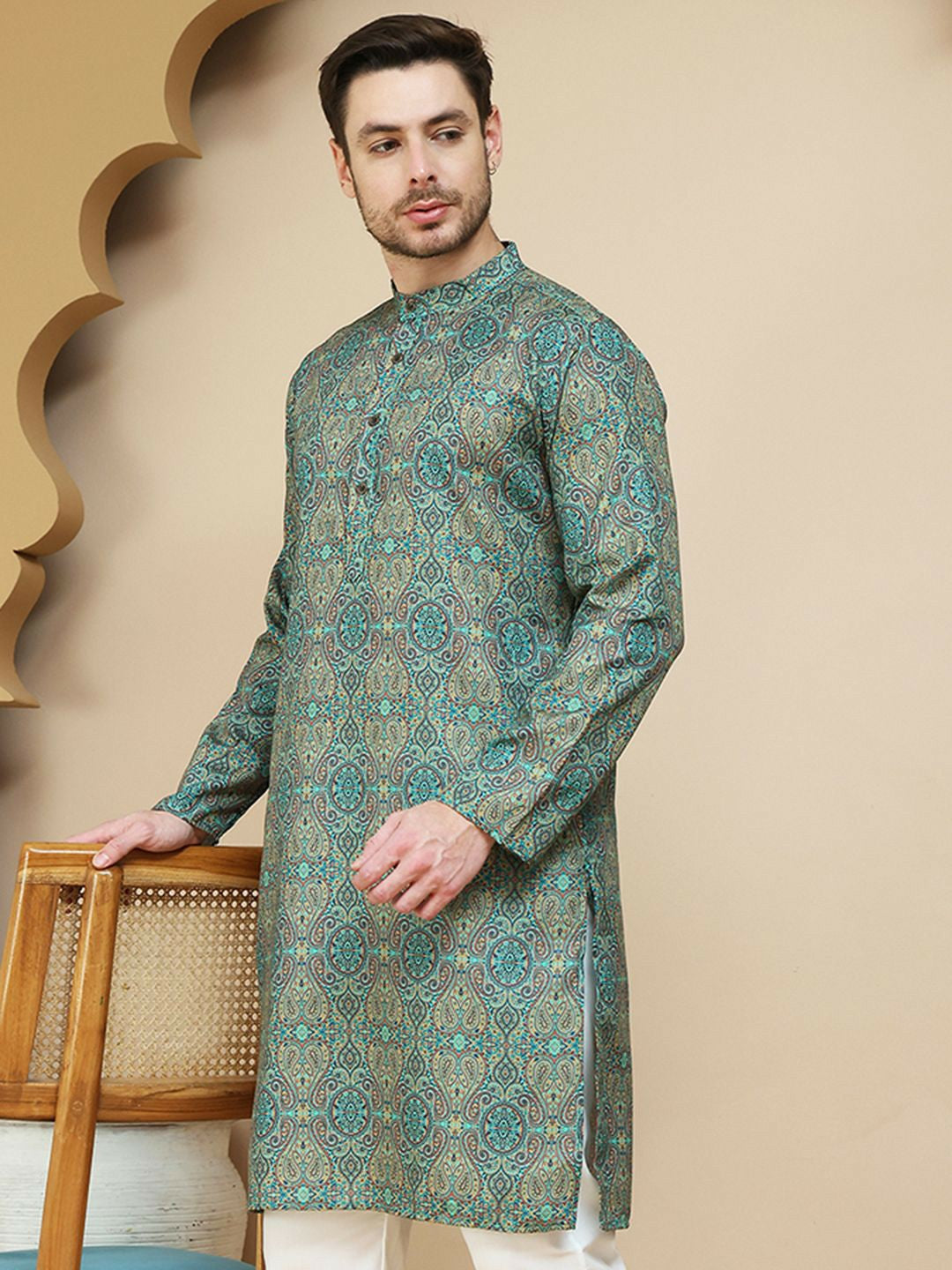 Green Beige and Blue Paisley Printed Kurta with Band Collar