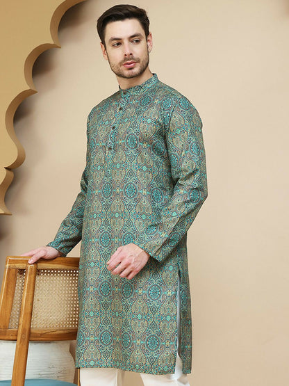 Green Beige and Blue Paisley Printed Kurta with Band Collar