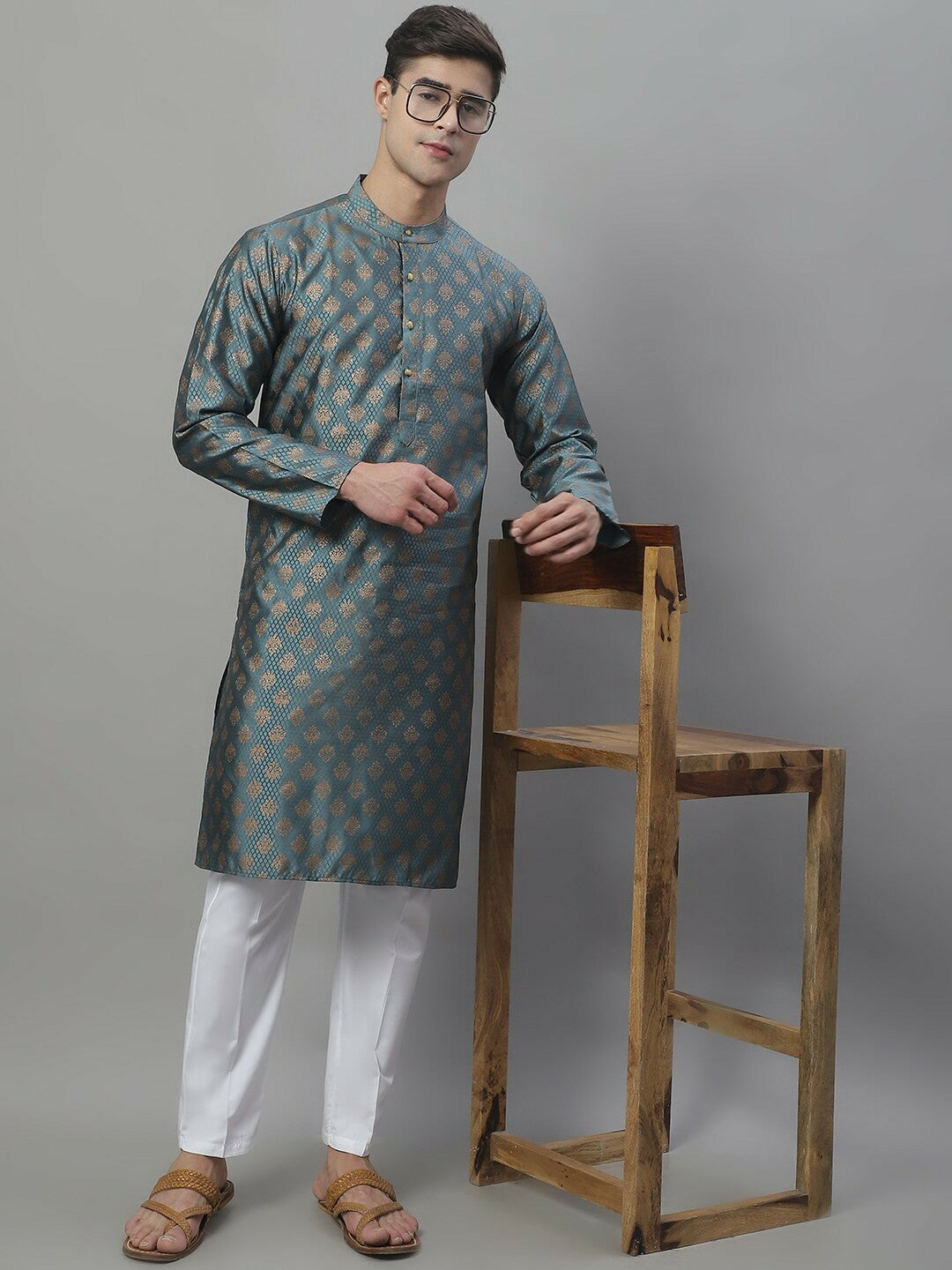 Grey Woven Design Silk Cotton Kurta with Mandarin Collar