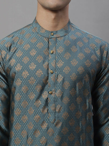 Grey Woven Design Silk Cotton Kurta with Mandarin Collar