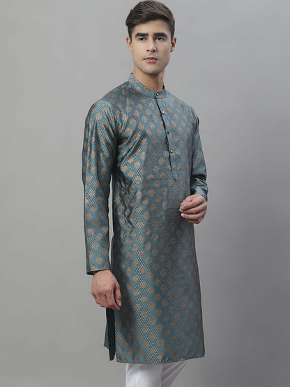Grey Woven Design Silk Cotton Kurta with Mandarin Collar