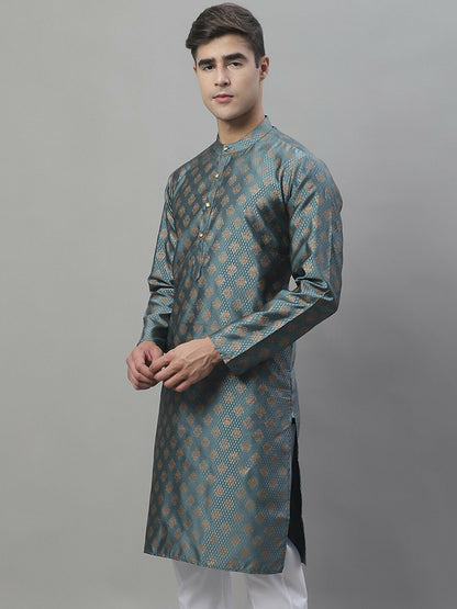 Grey Woven Design Silk Cotton Kurta with Mandarin Collar