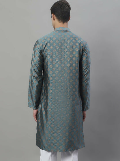 Grey Woven Design Silk Cotton Kurta with Mandarin Collar