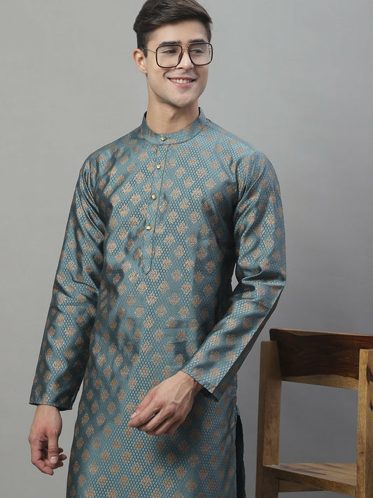 Grey Woven Design Silk Cotton Kurta with Mandarin Collar