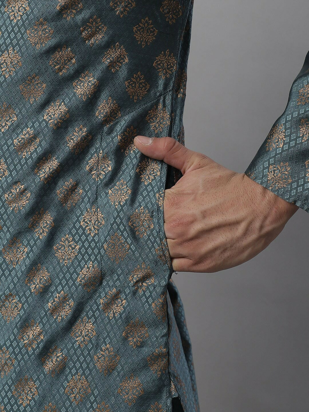 Grey Woven Design Silk Cotton Kurta with Mandarin Collar
