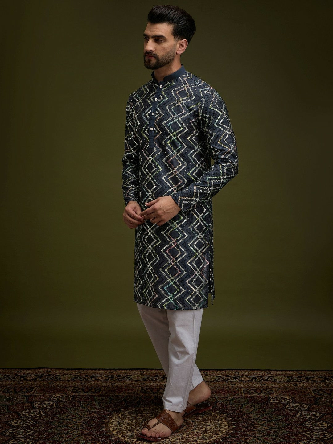 Men’s Navy Blue Chevron Embroidered Cotton Kurta with Gotta Patti