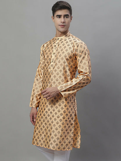 Peach Woven Design Silk Cotton Kurta with Mandarin Collar