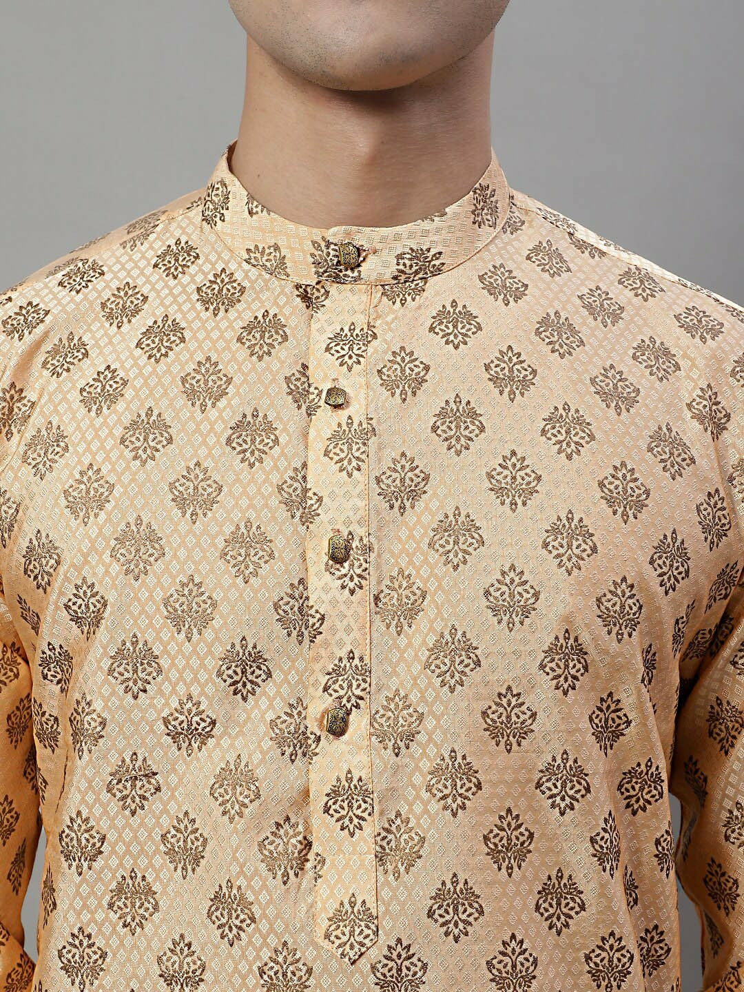 Peach Woven Design Silk Cotton Kurta with Mandarin Collar