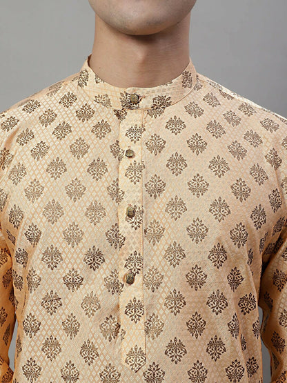 Peach Woven Design Silk Cotton Kurta with Mandarin Collar