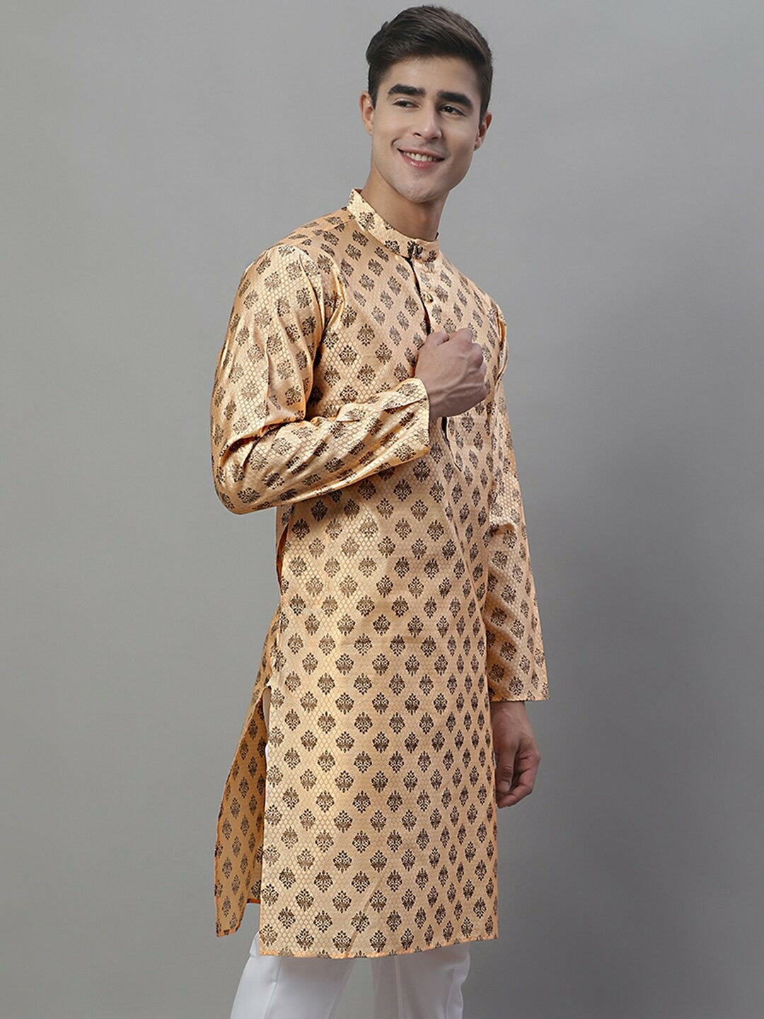 Peach Woven Design Silk Cotton Kurta with Mandarin Collar