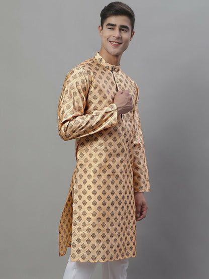 Peach Woven Design Silk Cotton Kurta with Mandarin Collar