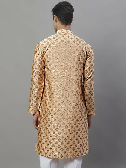 Peach Woven Design Silk Cotton Kurta with Mandarin Collar