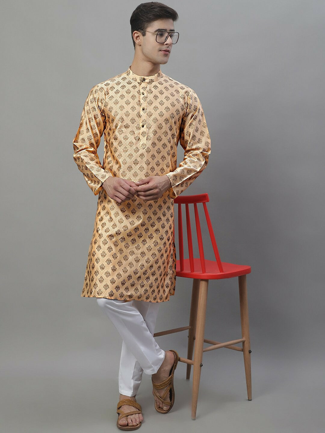 Peach Woven Design Silk Cotton Kurta with Mandarin Collar