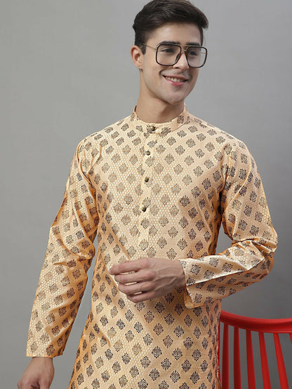 Peach Woven Design Silk Cotton Kurta with Mandarin Collar