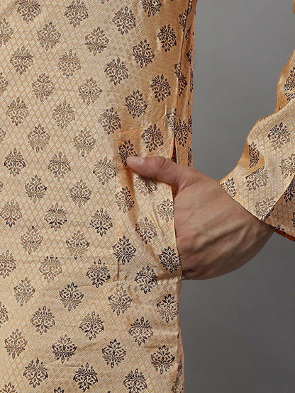Peach Woven Design Silk Cotton Kurta with Mandarin Collar