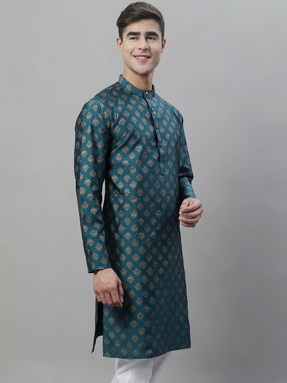 Teal Blue Ethnic Motif Woven Jacquard Kurta with Band Collar
