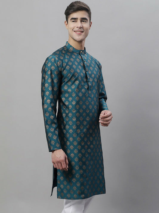 Teal Blue Ethnic Motif Woven Jacquard Kurta with Band Collar