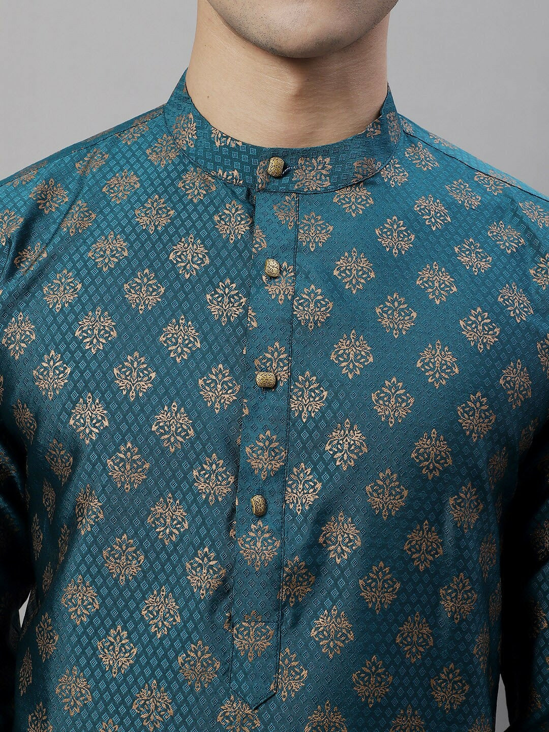 Teal Blue Ethnic Motif Woven Jacquard Kurta with Band Collar