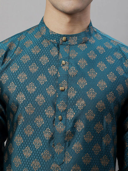 Teal Blue Ethnic Motif Woven Jacquard Kurta with Band Collar